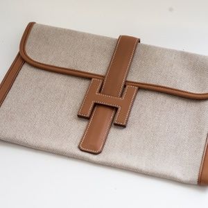 Hermes Jige Beige Fabric and Tan Leather Trim